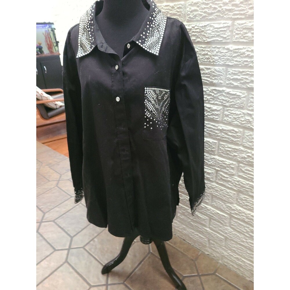 QUACKER FACTORY Black Silver Studded Embellished Rhinestone Buttons Top 3xl nwt